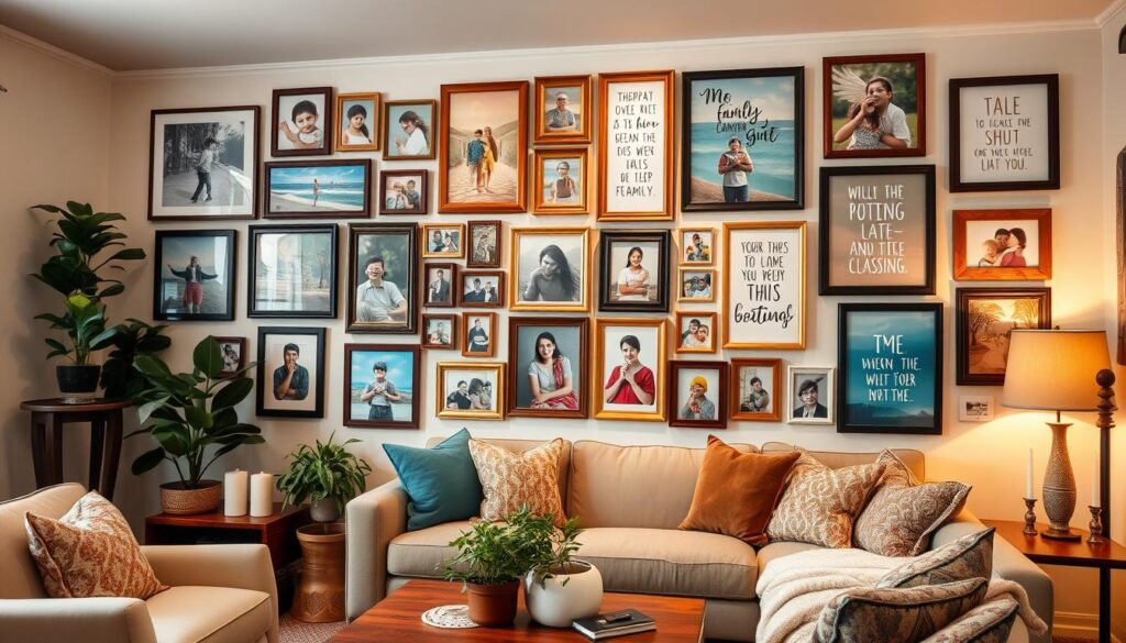 Personalized family photo wall with quotes and artwork